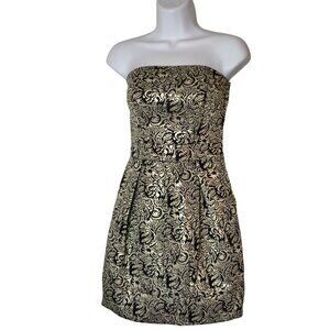 B. Darlin Strapless Mini Dress 1/2 Metallic Black Gold Brocade Cocktail Party